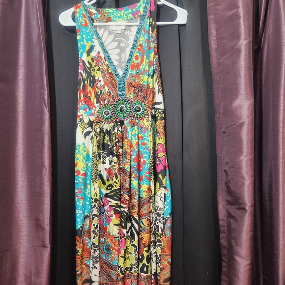 ECI Dresses & Skirts - ECI Medallion Beaded Bodice Abstract Print Flowy Festival Maxi Sz 12